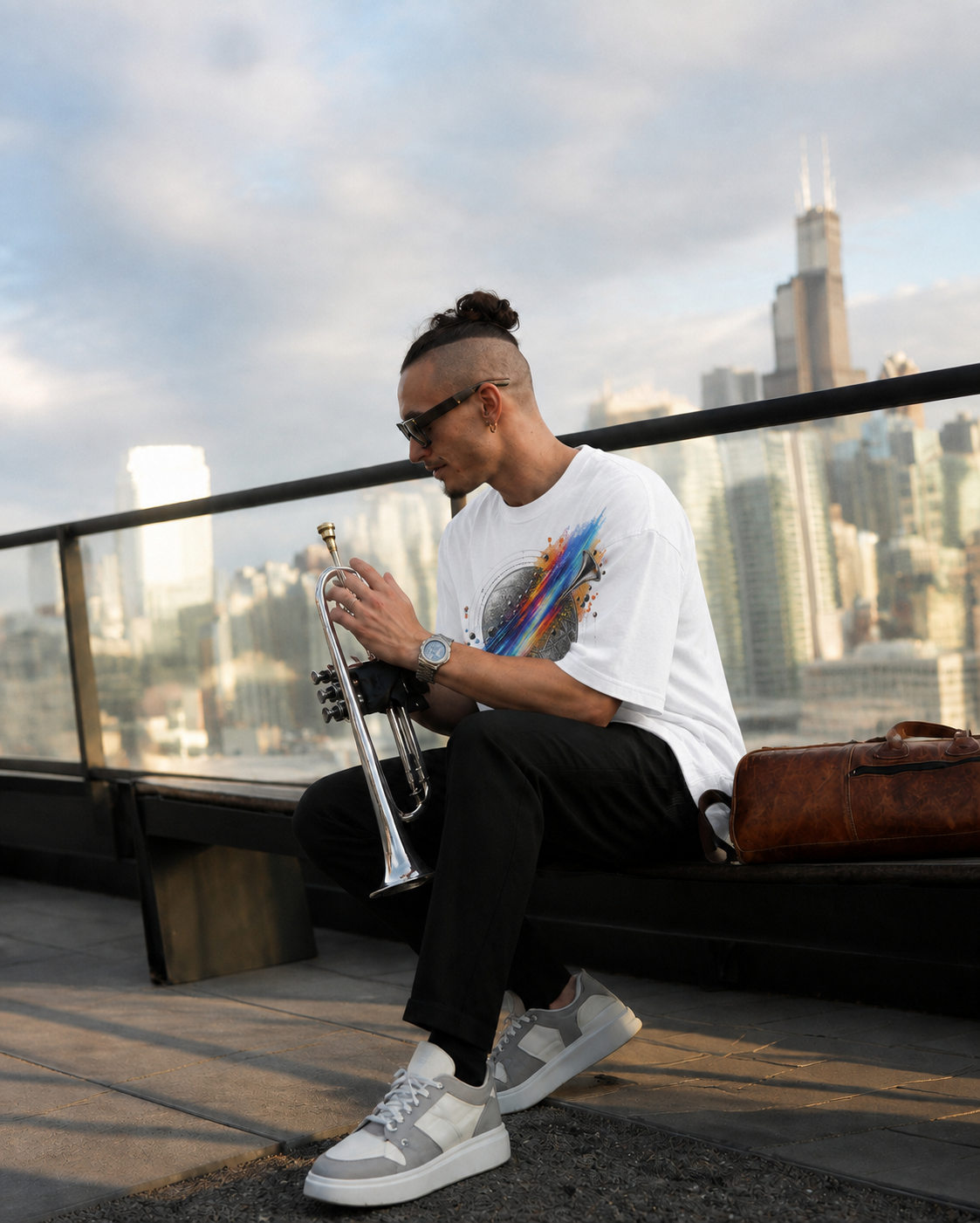 AI-generated lifestyle visualization of Sonic Time Travel white tee, front view on Chicago rooftop with trumpet