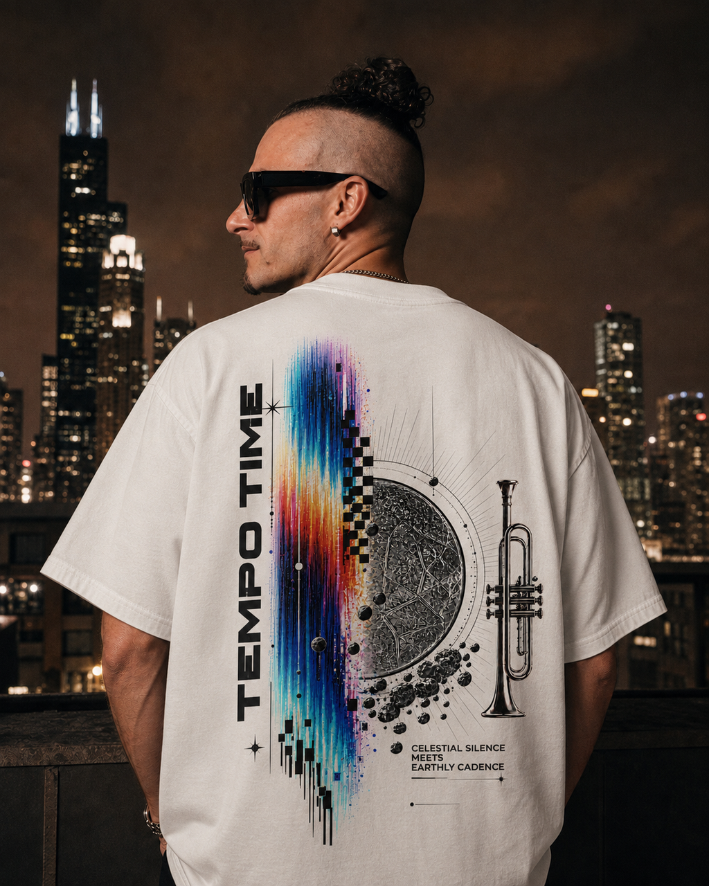 AI-generated lifestyle visualization of Sonic Time Travel white tee, back artwork against Chicago skyline at night