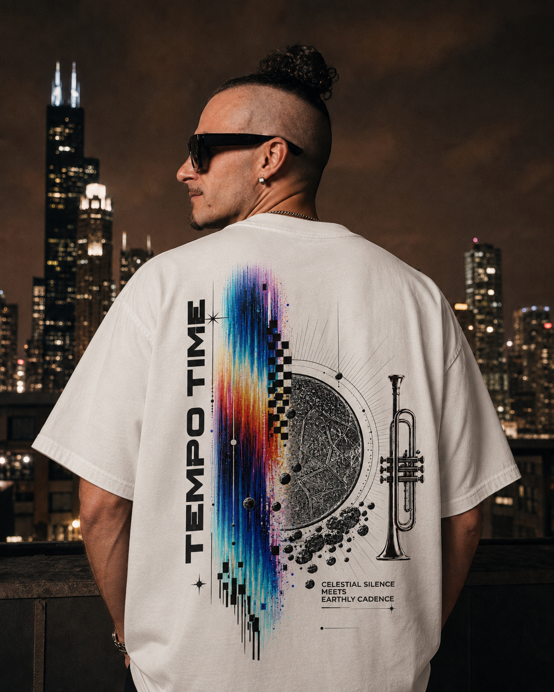 AI-generated lifestyle visualization of Sonic Time Travel white tee, back artwork against Chicago skyline at night