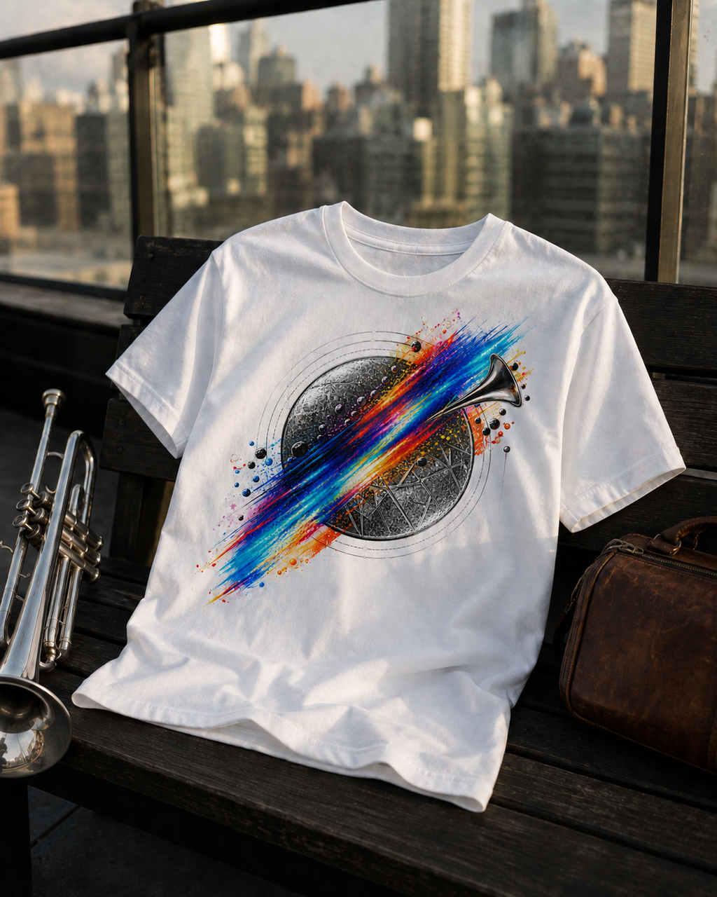 AI-generated lifestyle visualization of Sonic Time Travel white tee and trumpet on rooftop bench