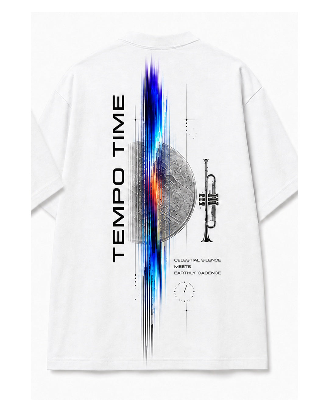 Back view of House of Tempo Sonic Time Travel Tee Edition 002 with vertical Tempo Time graphic, meteorite texture and trumpet detail