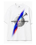 Front view of House of Tempo Sonic Time Travel Tee Edition 002 with Roman numeral dial, meteorite texture and chromatic streak