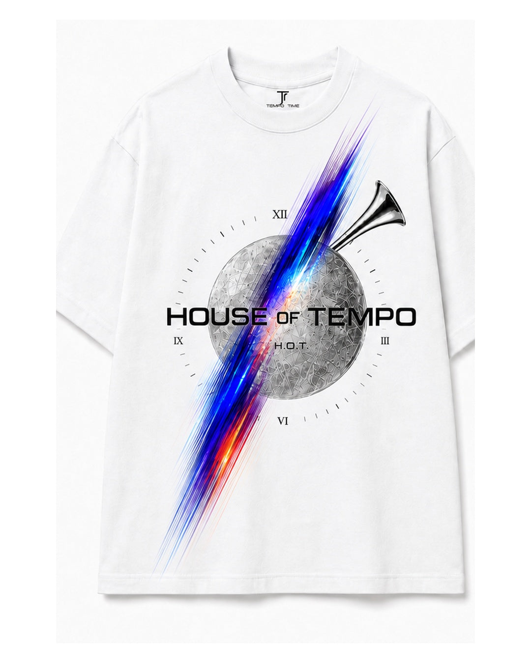 Front view of House of Tempo Sonic Time Travel Tee Edition 002 with Roman numeral dial, meteorite texture and chromatic streak